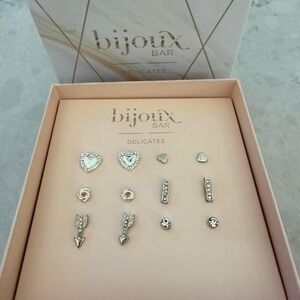 Bijoux Bar Delicates 6 Pair Silver Tone Stud Earrings Gift Set NWT Rhinestones